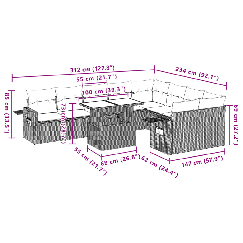 10-delige Loungeset met kussens poly rattan zwart