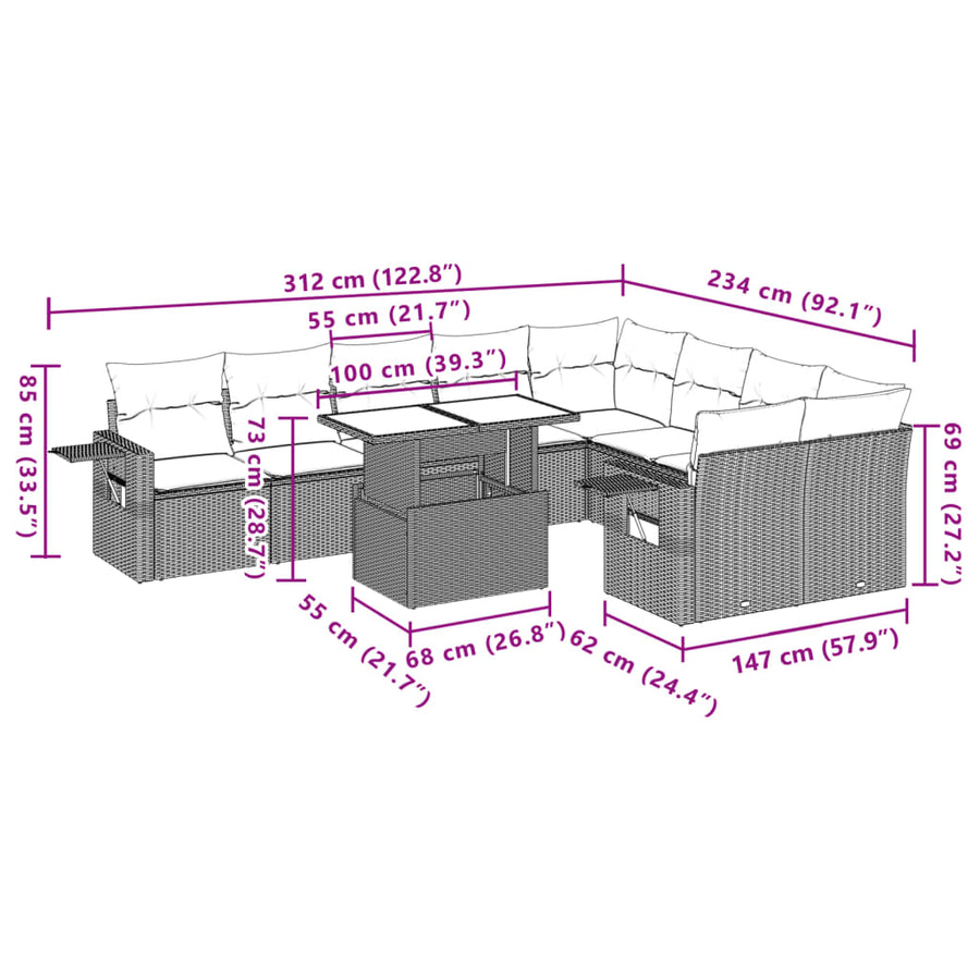 10-delige Loungeset met kussens poly rattan zwart