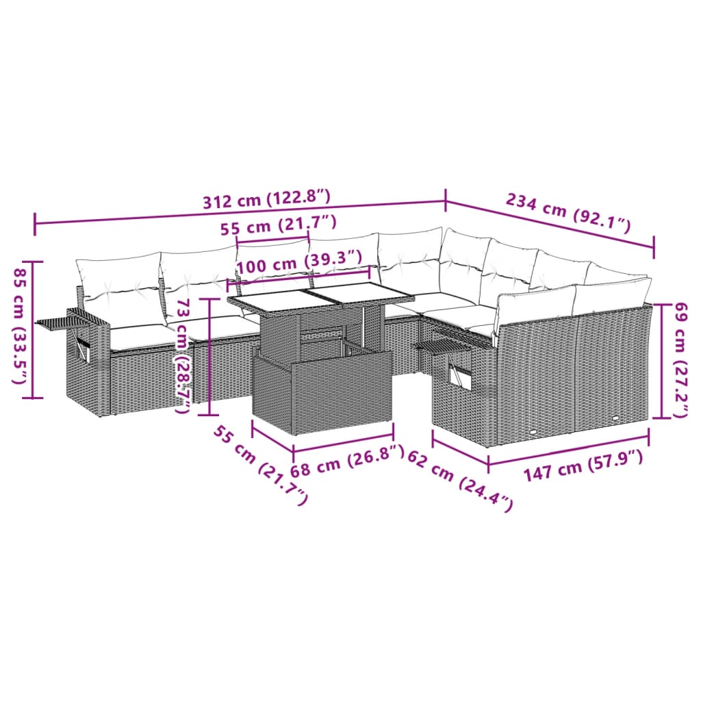 10-delige Loungeset met kussens poly rattan zwart