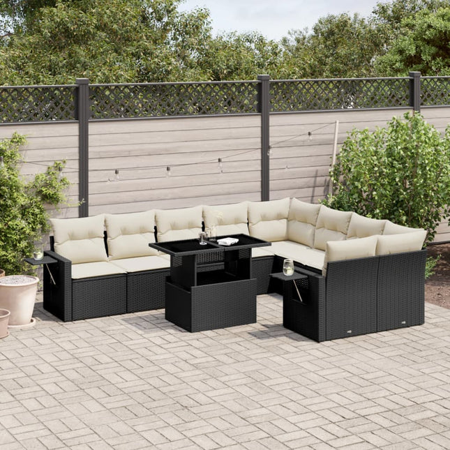 10-delige Loungeset met kussens poly rattan zwart