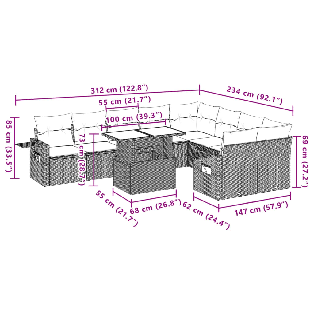 10-delige Loungeset met kussens poly rattan grijs