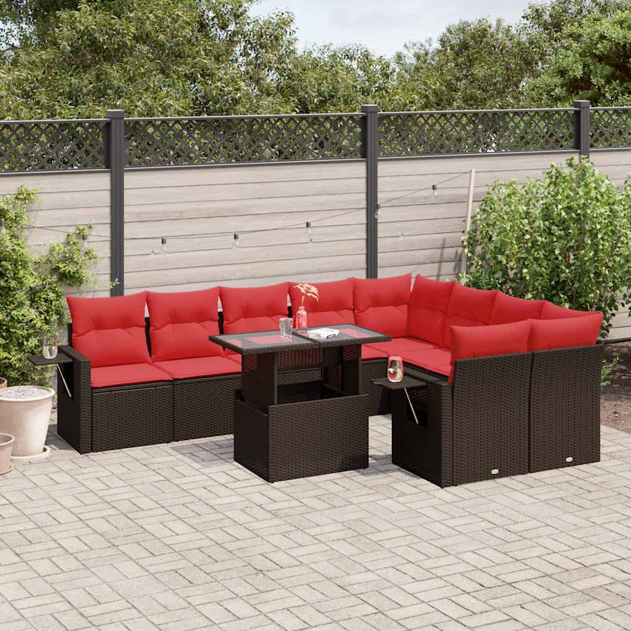 10-delige tuinbankset met kussens, bruin polyrotan