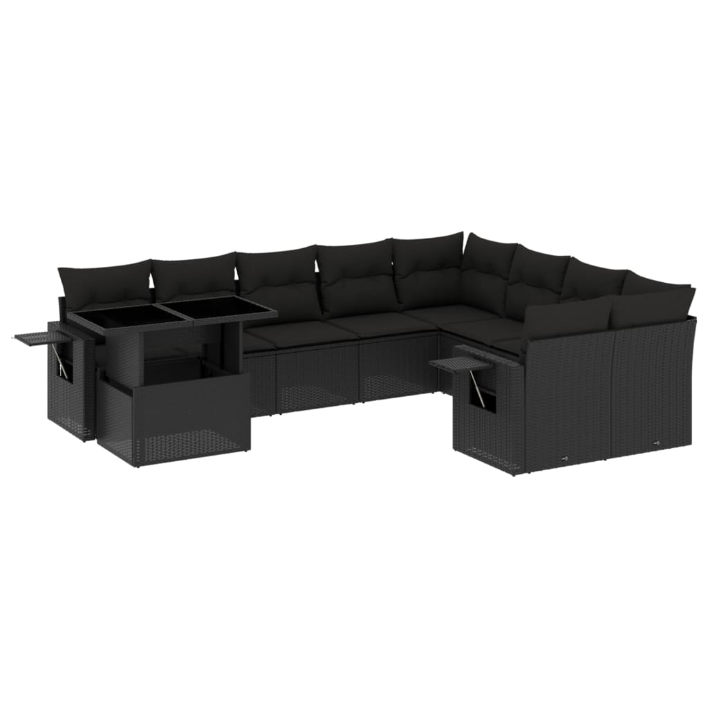 10-delige Loungeset met kussens poly rattan zwart