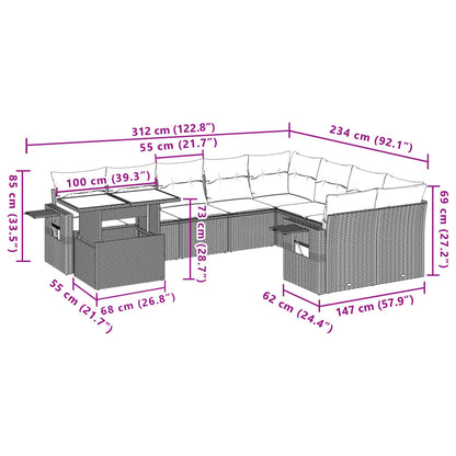 10-delige Loungeset met kussens poly rattan zwart