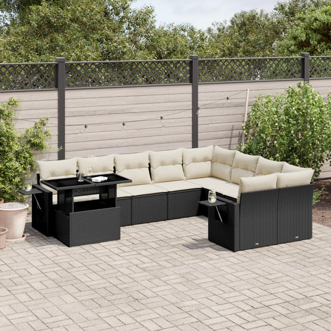 10-delige Loungeset met kussens poly rattan zwart