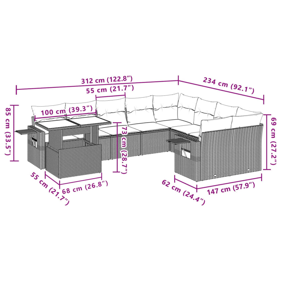 10-delige Loungeset met kussens poly rattan grijs