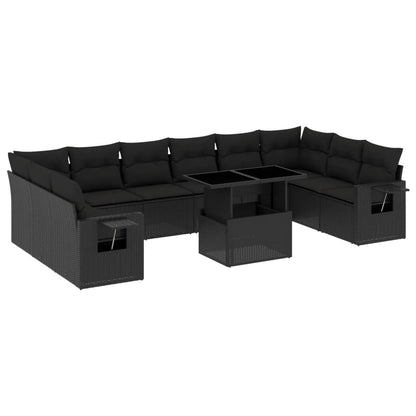 11-delige Loungeset met kussens poly rattan zwart