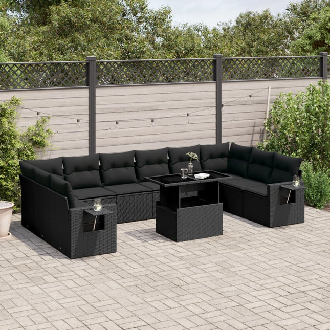 11-delige Loungeset met kussens poly rattan zwart