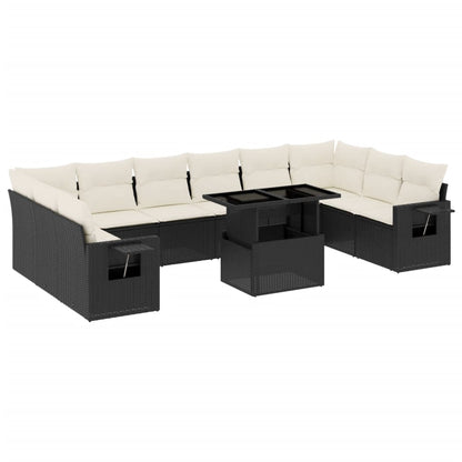 11-delige Loungeset met kussens poly rattan zwart