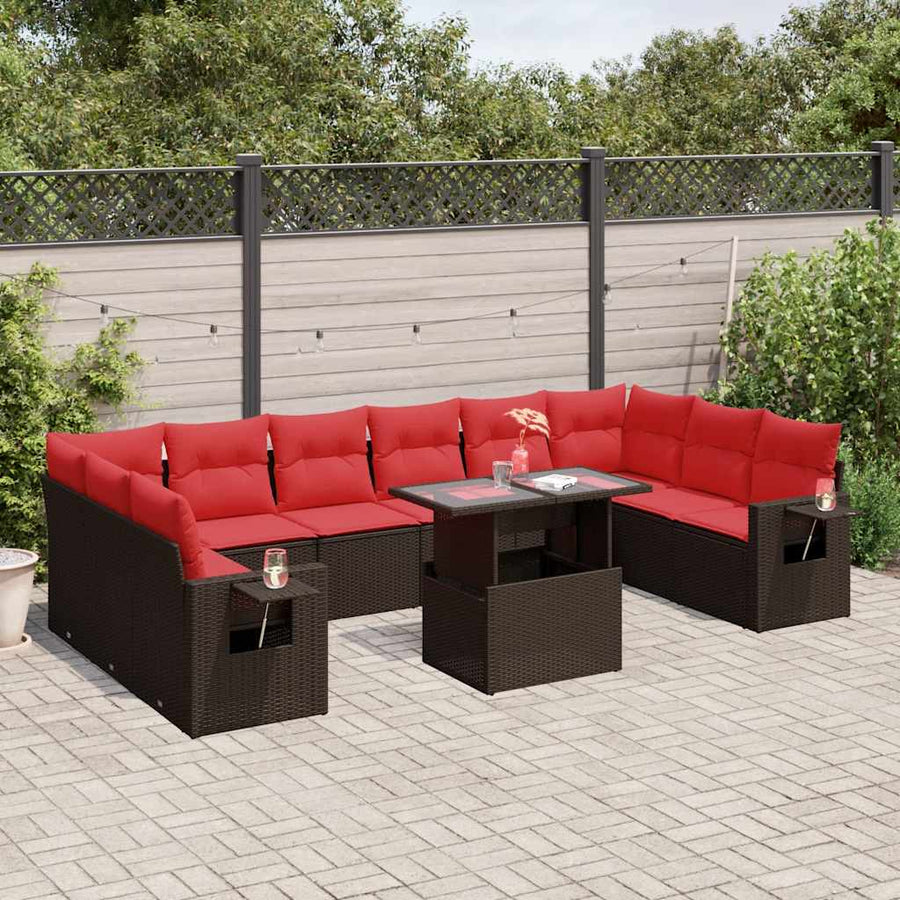 11-delige tuinbankset met kussens, bruin polyrotan