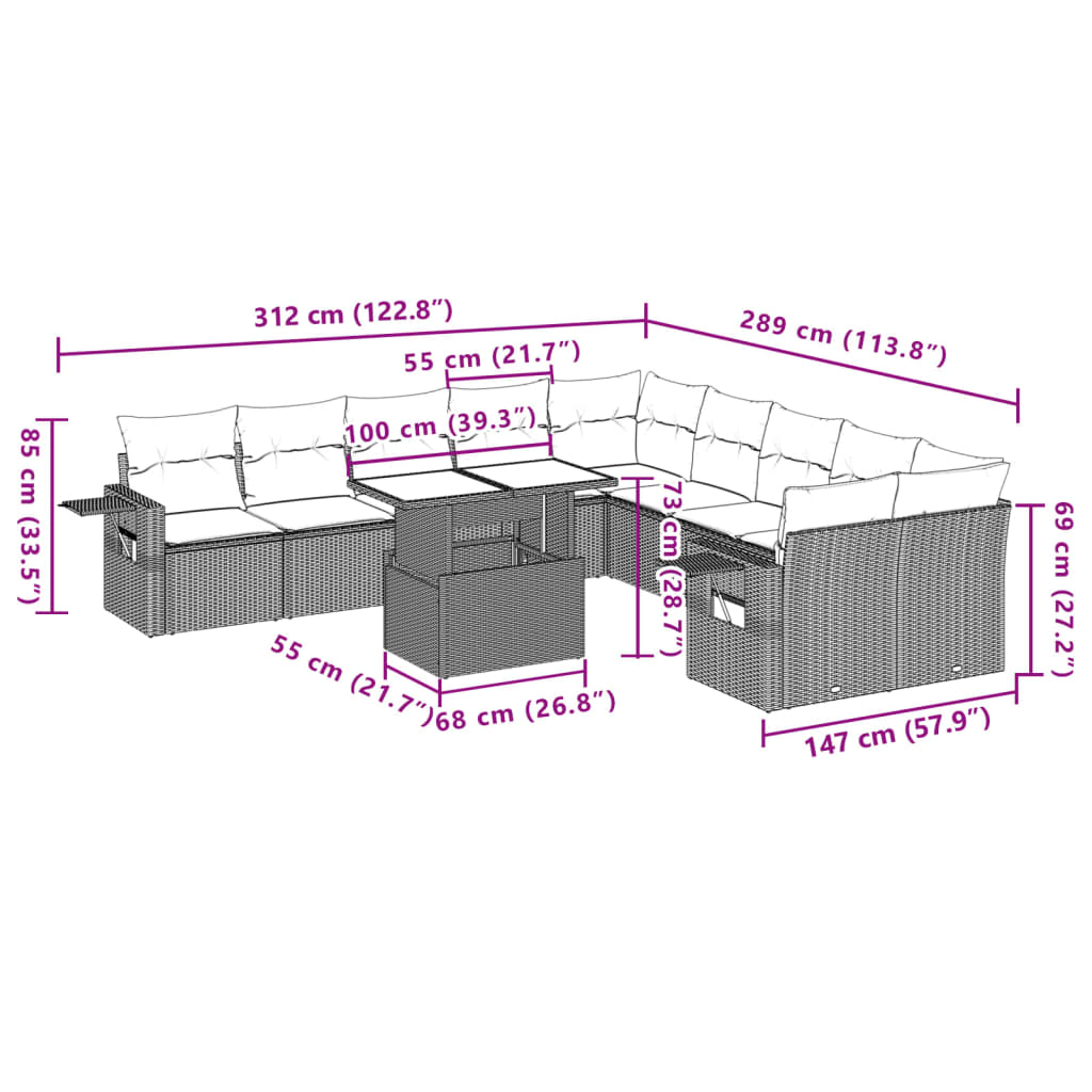 11-delige Loungeset met kussens poly rattan zwart
