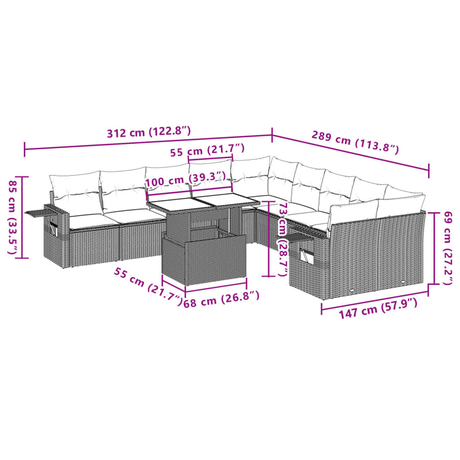 11-delige Loungeset met kussens poly rattan zwart