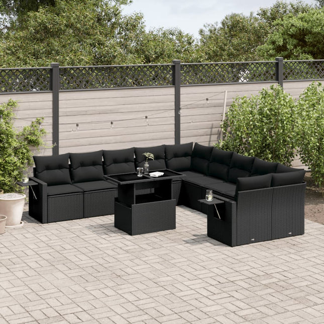 11-delige Loungeset met kussens poly rattan zwart