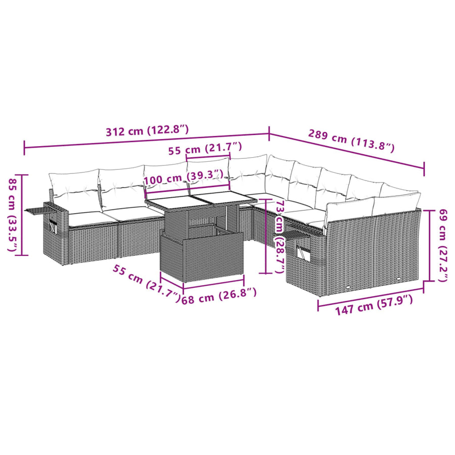 11-delige Loungeset met kussens poly rattan lichtgrijs
