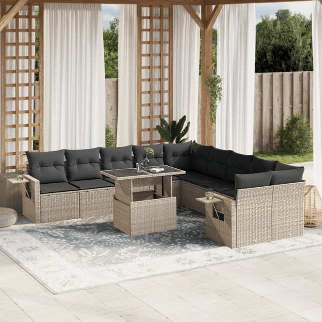 11-delige Loungeset met kussens poly rattan lichtgrijs