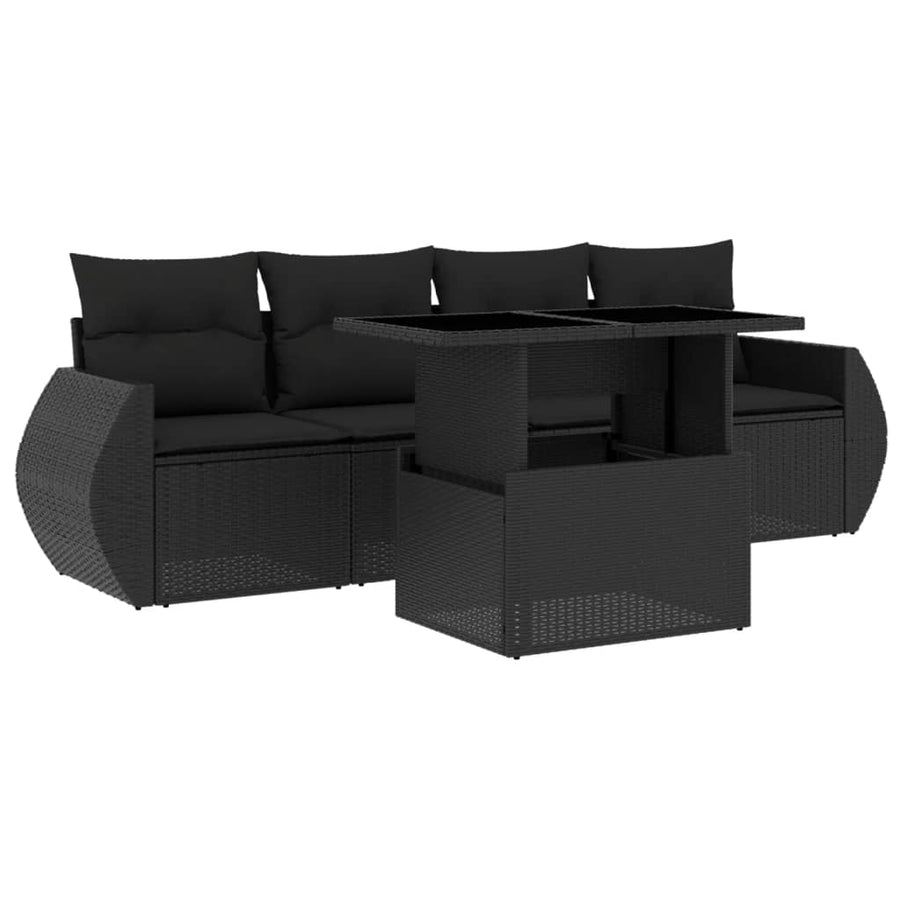 5-delige Loungeset met kussens poly rattan zwart