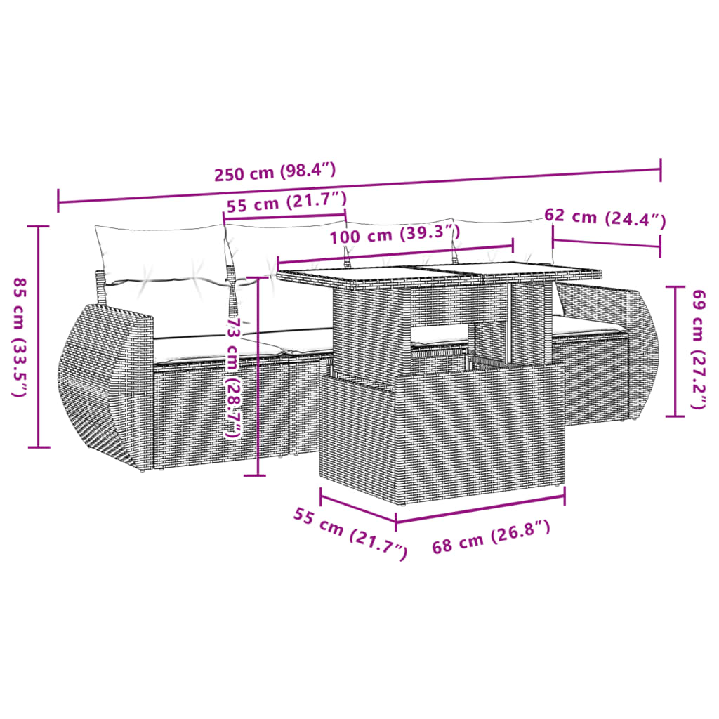 5-delige Loungeset met kussens poly rattan zwart