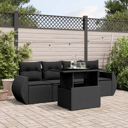 5-delige Loungeset met kussens poly rattan zwart