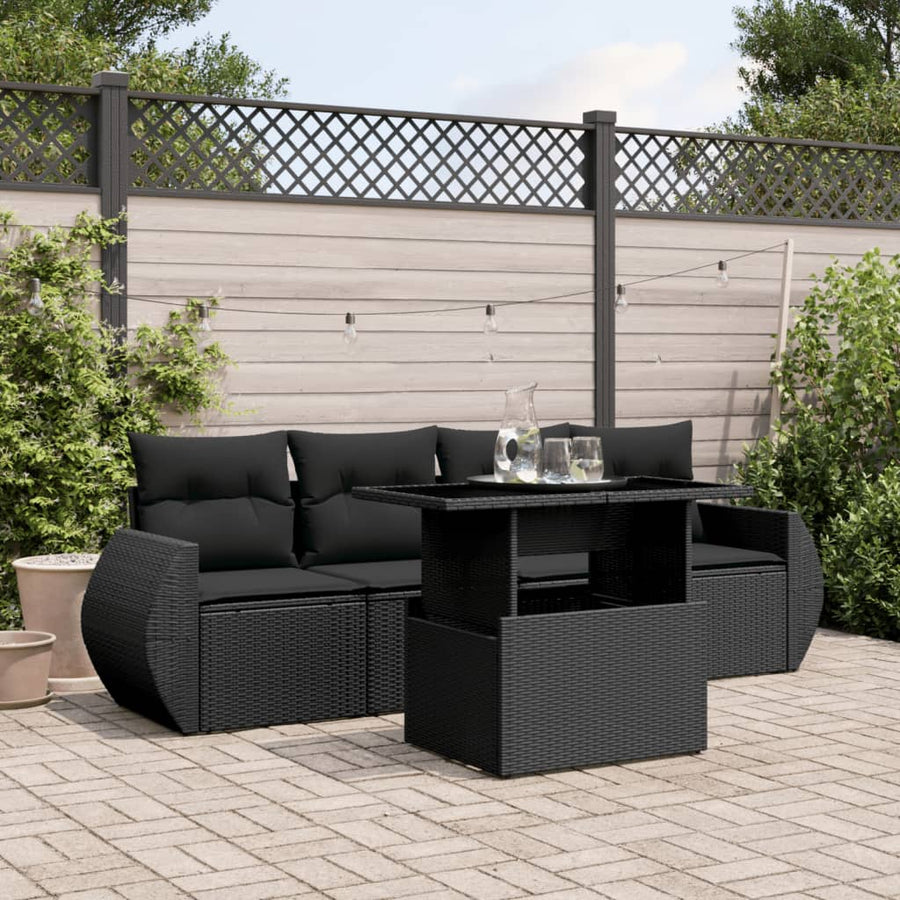 5-delige Loungeset met kussens poly rattan zwart