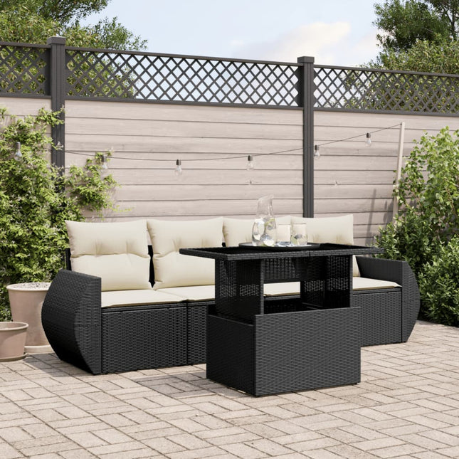 5-delige Loungeset met kussens poly rattan zwart