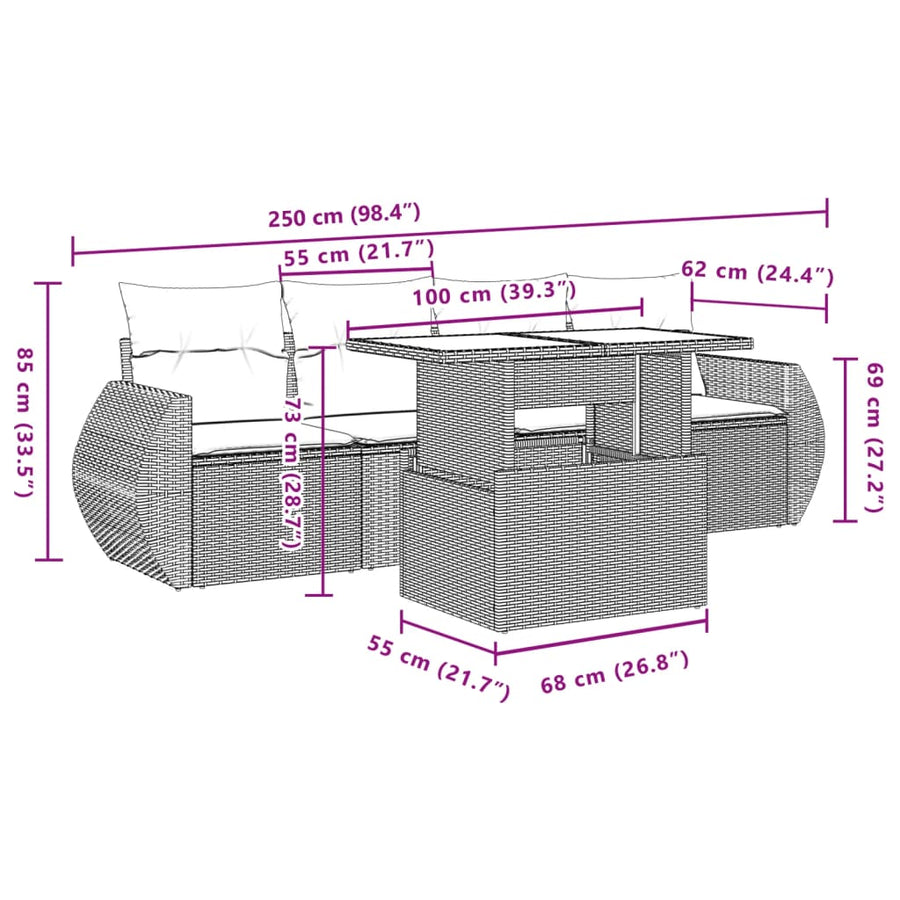 5-delige Loungeset met kussens poly rattan zwart