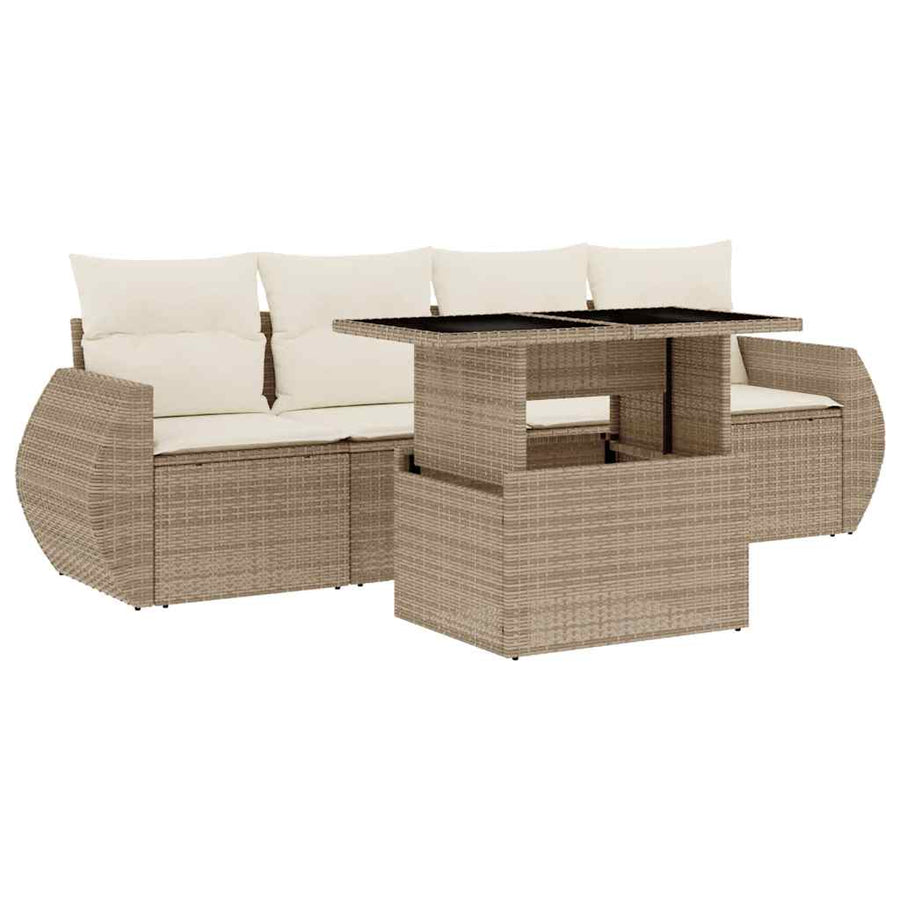 5-delige Loungeset met kussens poly rattan beige