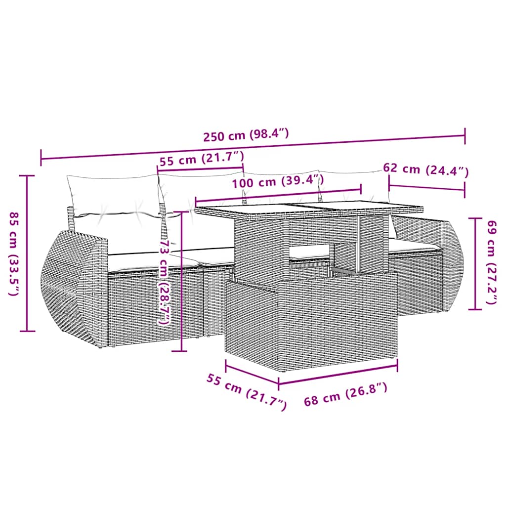 5-delige Loungeset met kussens poly rattan beige