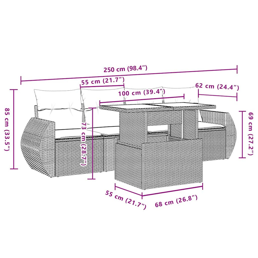5-delige Loungeset met kussens poly rattan beige