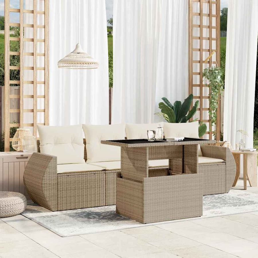 5-delige Loungeset met kussens poly rattan beige