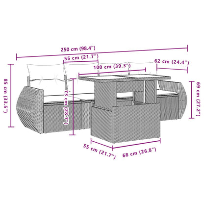 5-delige Loungeset met kussens poly rattan beige