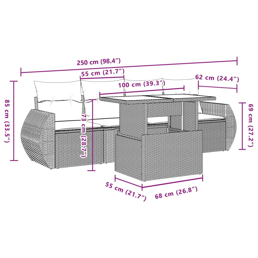 5-delige Loungeset met kussens poly rattan beige