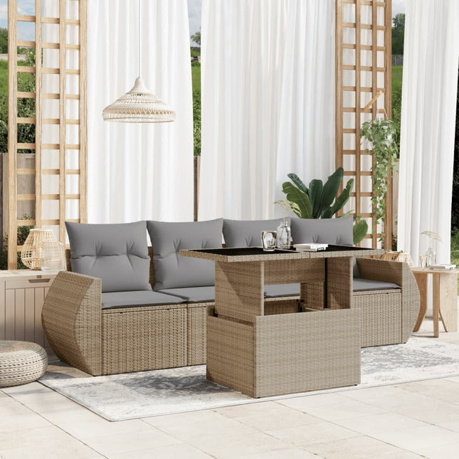 5-delige Loungeset met kussens poly rattan beige