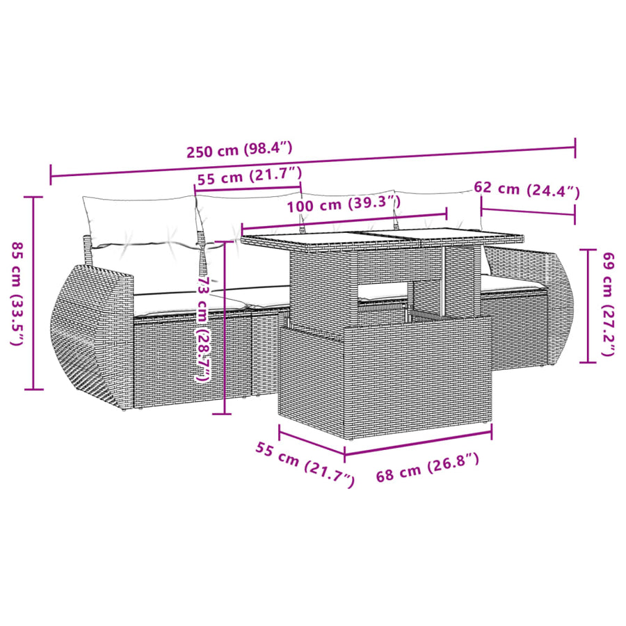 5-delige Loungeset met kussens poly rattan grijs