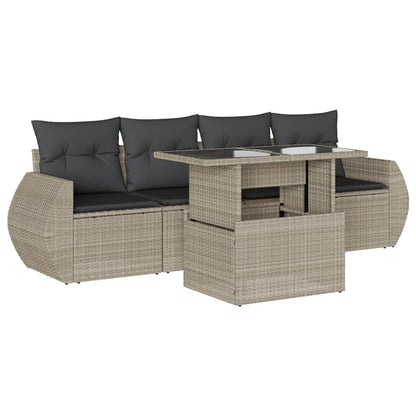5-delige Loungeset met kussens poly rattan lichtgrijs