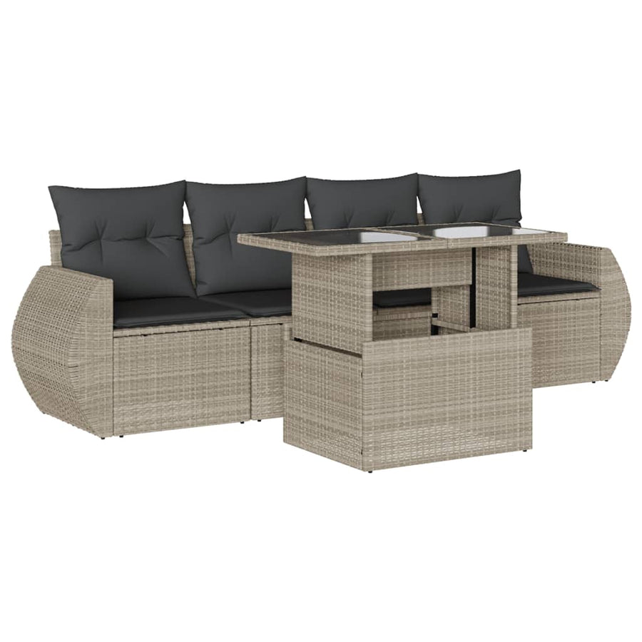 5-delige Loungeset met kussens poly rattan lichtgrijs