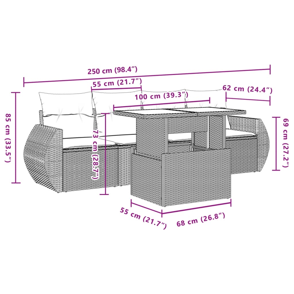 5-delige Loungeset met kussens poly rattan lichtgrijs