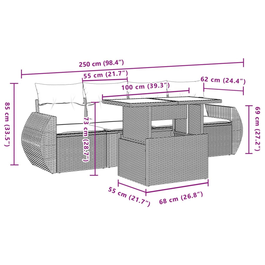 5-delige Loungeset met kussens poly rattan lichtgrijs