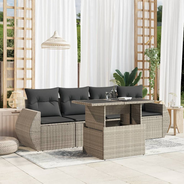 5-delige Loungeset met kussens poly rattan lichtgrijs