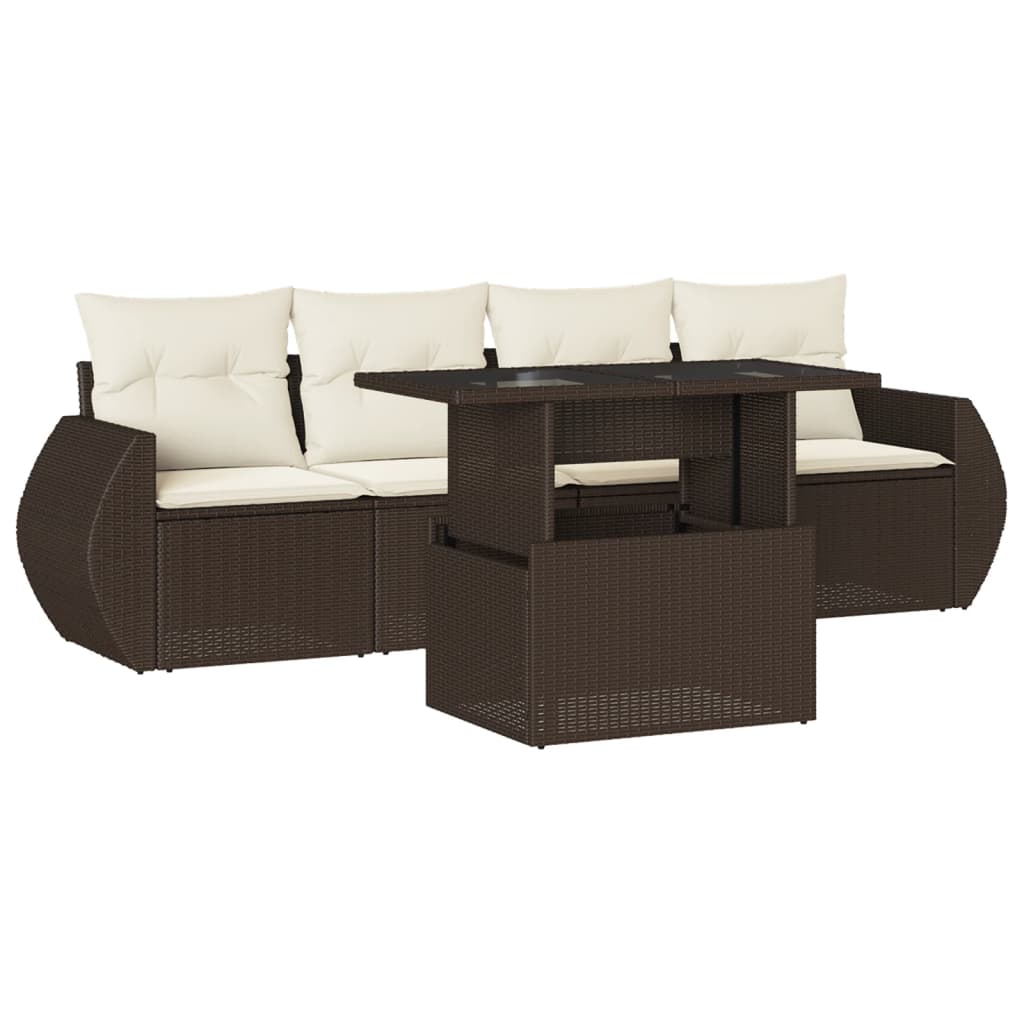 5-delige Loungeset met kussens poly rattan bruin