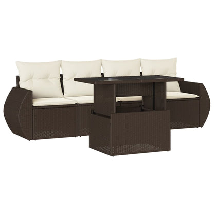 5-delige Loungeset met kussens poly rattan bruin