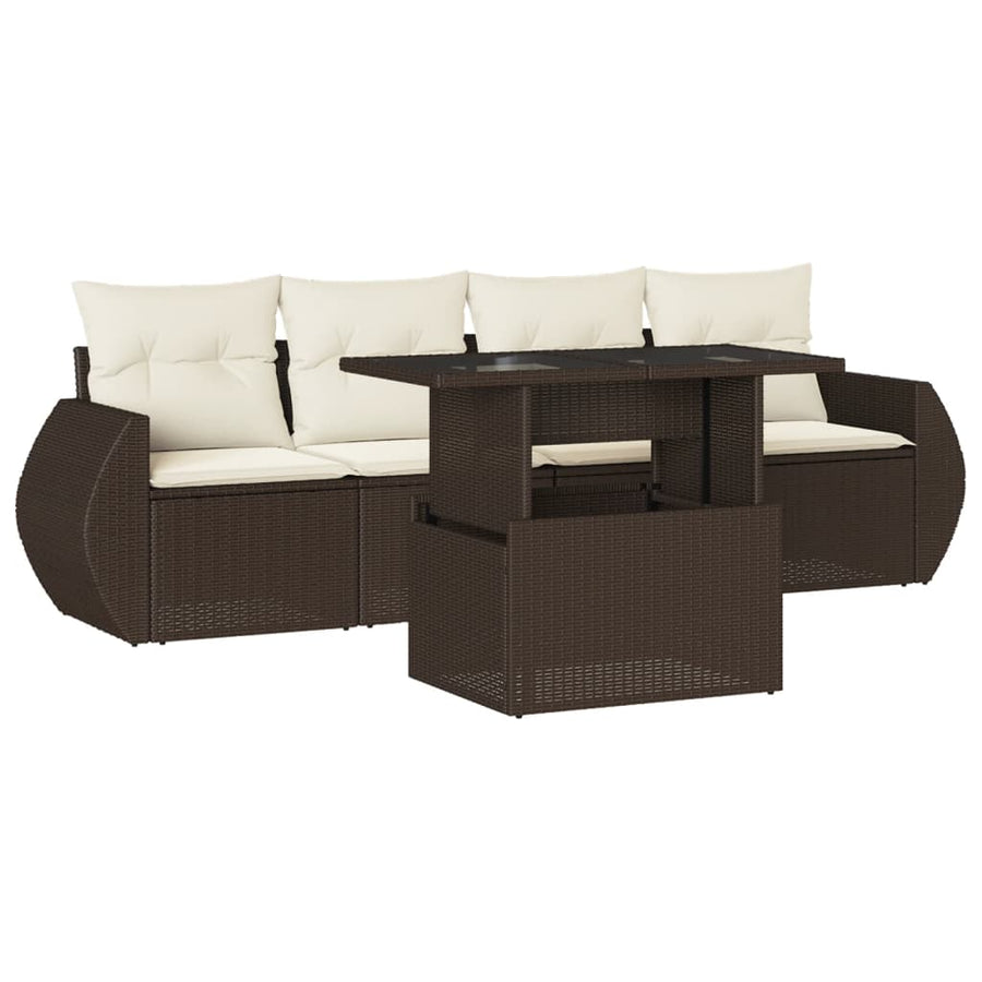 5-delige Loungeset met kussens poly rattan bruin
