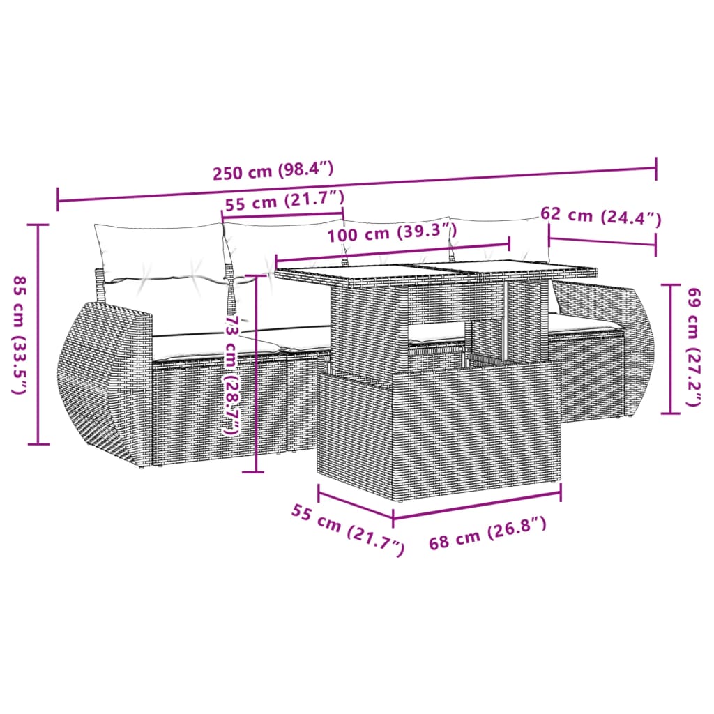 5-delige Loungeset met kussens poly rattan bruin