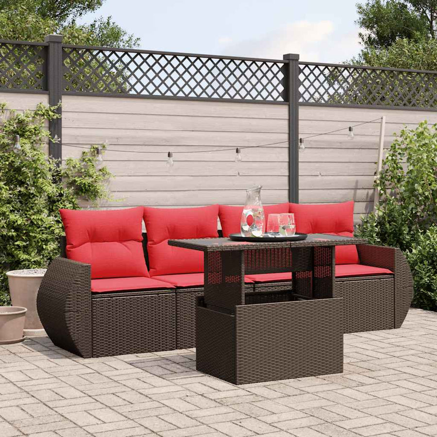 5-delige tuinbankset met kussens, bruin polyrotan