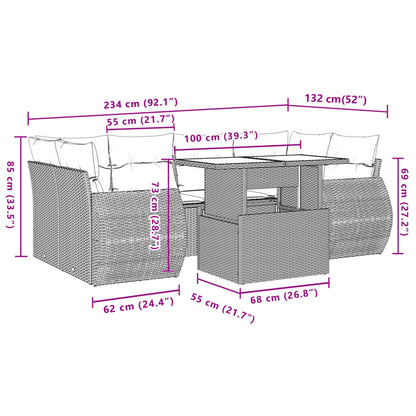 7-delige Loungeset met kussens poly rattan zwart