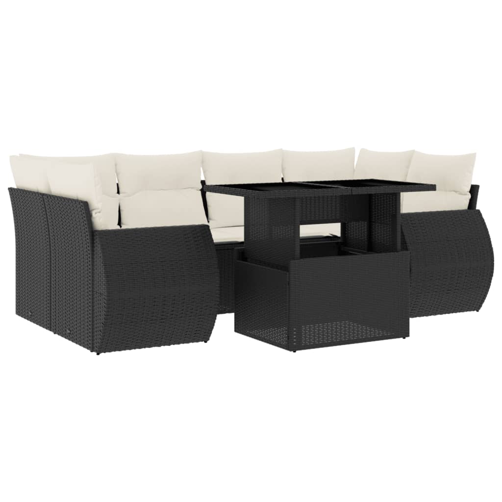 7-delige Loungeset met kussens poly rattan zwart
