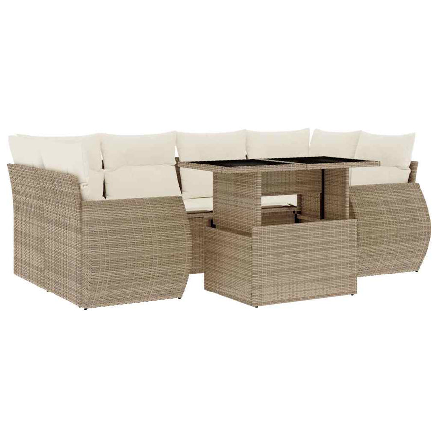 7-delige Loungeset met kussens poly rattan beige