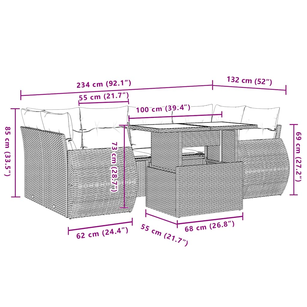 7-delige Loungeset met kussens poly rattan beige
