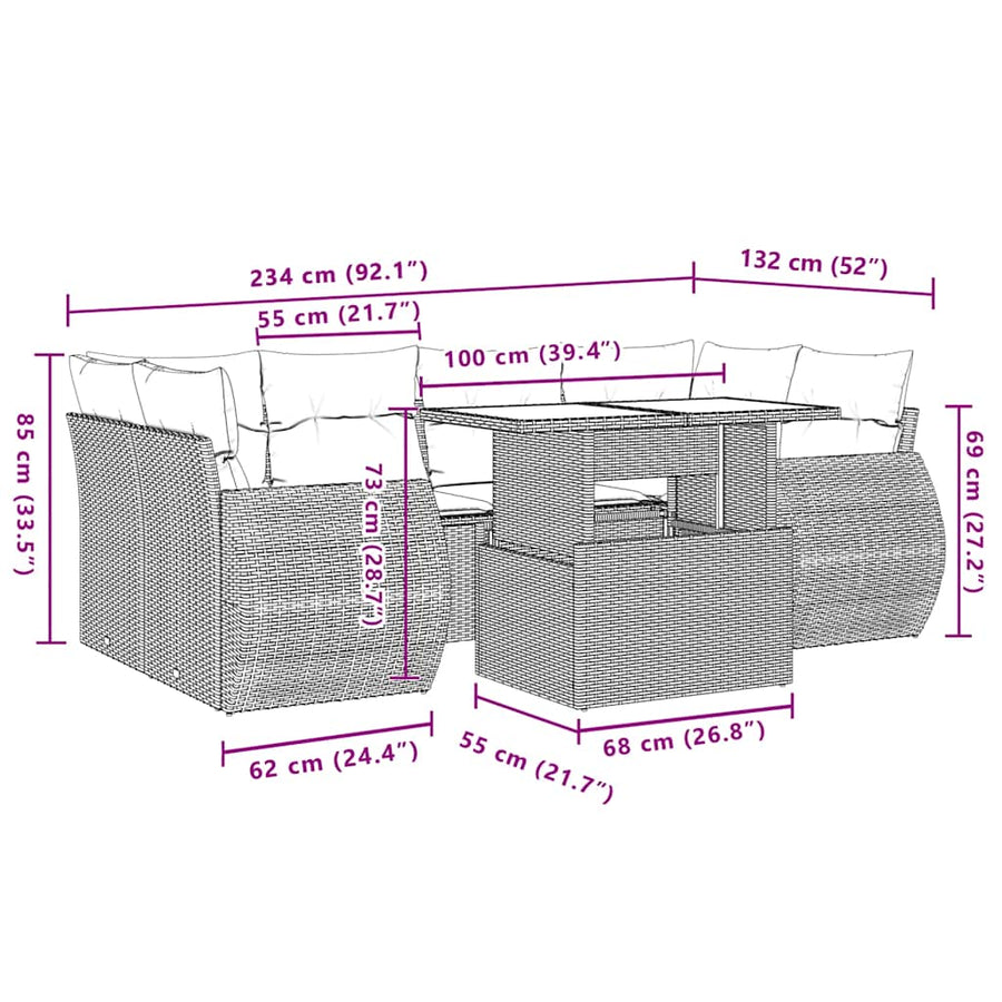 7-delige Loungeset met kussens poly rattan beige