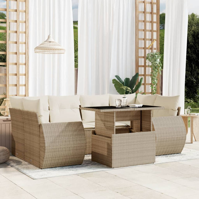 7-delige Loungeset met kussens poly rattan beige