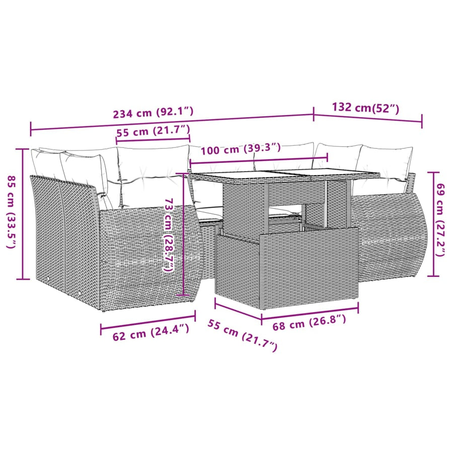 7-delige Loungeset met kussens poly rattan grijs